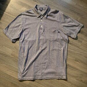 STUSSY Polo Shirt, Short Sleeve, Blue/White Pattern, Men's Large